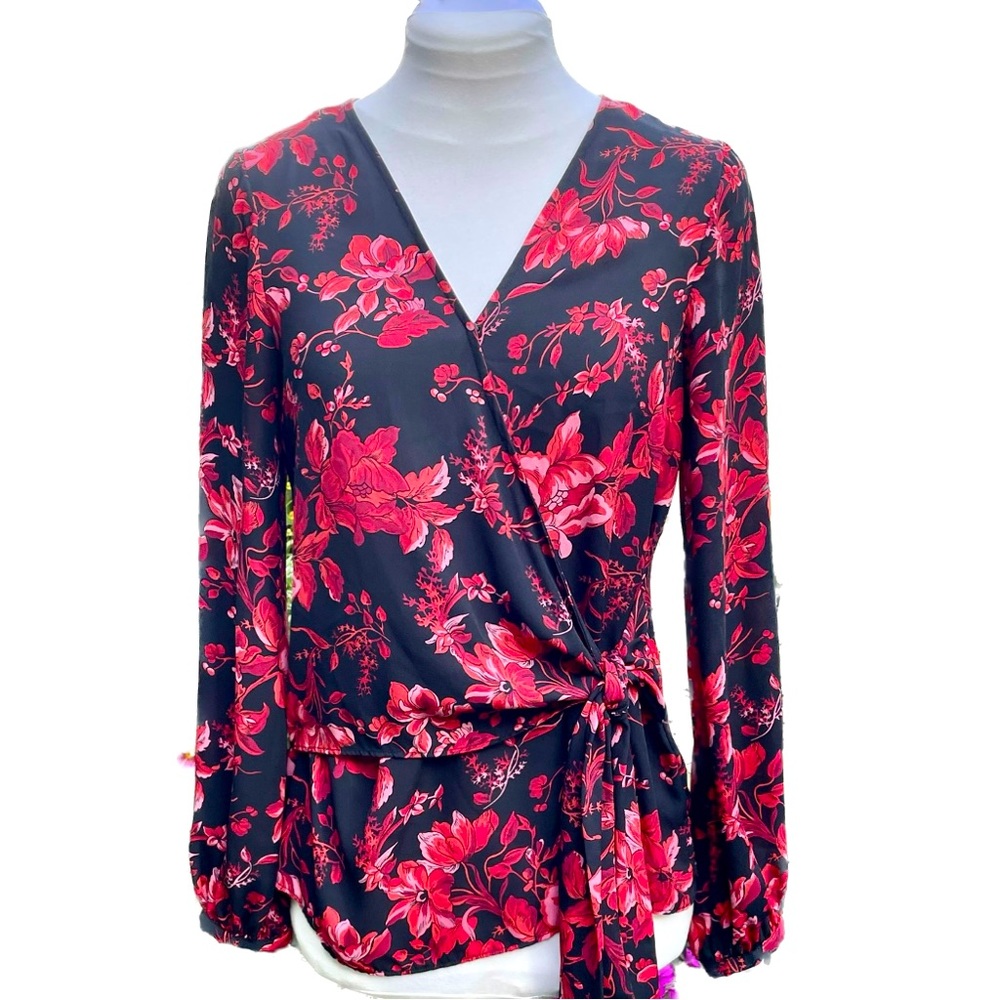 Vince Camuto Victorian Blooms Tie Front Long Sleeve Blouse Size Extra Small